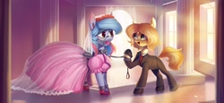 Size: 2048x938 | Tagged: safe, artist:enderselyatdark, oc, oc only, earth pony, pony, ballgag, bondage, bridle, clothes, collar, commission, dress, duo, gag, gown, leash, looking at each other, looking at someone, open mouth, open smile, pacifier, pacifier gag, pet play, pink dress, smiling, spreader bar, suit, tack