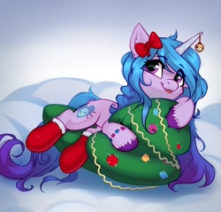 Size: 1500x1432 | Tagged: safe, artist:taneysha, izzy moonbow, pony, unicorn, g5, my little pony: a new generation, bow, christmas, christmas stocking, clothes, cute, eye clipping through hair, female, holiday, izzybetes, mare, ornament, smiling, socks, solo, tongue out