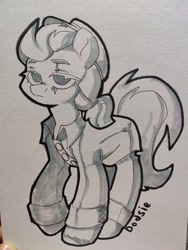 Size: 1624x2160 | Tagged: safe, artist:dodsie, oc, oc only, oc:steadfast faith, earth pony, pony, clothes, eye scar, female, looking at you, mare, monochrome, scar, solo, traditional art, uniform