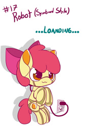 Size: 1000x1500 | Tagged: safe, artist:arielsbx, apple bloom, earth pony, pony, robot, robot pony, g4, adorabloom, apple bloom bot, charging, clothes, costume, cute, female, filly, halloween, holiday, solo