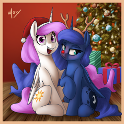 Size: 2000x2000 | Tagged: safe, artist:supermoix, princess celestia, princess luna, alicorn, pegasus, pony, g4, antlers, christmas, christmas lights, christmas tree, cute, cutelestia, high res, holiday, looking at you, looking back, luna is not amused, pink-mane celestia, present, red nose, reindeer antlers, royal sisters, siblings, sisters, sitting, tree, unamused