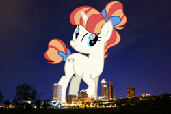 Size: 1600x1071 | Tagged: safe, artist:cheezedoodle96, artist:thegiantponyfan, edit, rainbow stars, pony, unicorn, g4, bow, female, giant pony, giant unicorn, giantess, hair bow, hair bun, highrise ponies, irl, macro, mare, mega giant, milwaukee, photo, ponies in real life, tail, tail bow, tail bun, wisconsin