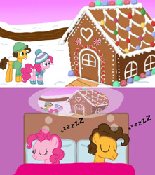 Size: 1280x1451 | Tagged: safe, artist:mlplary6, cheese sandwich, pinkie pie, earth pony, pony, g4, boyfriend and girlfriend, christmas, female, gingerbread house, holiday, male, ship:cheesepie, shipping, sleeping, straight