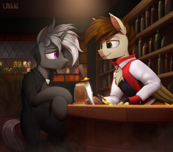 Size: 2843x2500 | Tagged: safe, artist:uliovka, oc, oc only, oc:dark, oc:swango, hippogriff, pony, unicorn, alcohol, bar, beer, building, clothes, commission, high res, knife, looking at each other, looking at someone, male, scenery, smiling, stallion, window