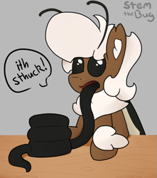 Size: 1083x1225 | Tagged: safe, artist:stemthebug, oc, oc only, oc:stem bedstraw, hybrid, insect, moth, mothpony, original species, pony, cartoon physics, eating, food, pancakes, solo, stuck, tongue out