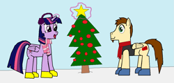 Size: 1181x566 | Tagged: safe, artist:red-brick-1, twilight sparkle, oc, alicorn, pony, g4, 1000 hours in ms paint, boots, christmas, christmas tree, clothes, duo, earmuffs, holiday, scarf, shoes, snow, striped scarf, tree, twilight sparkle (alicorn)