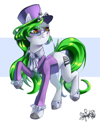 Size: 2780x3507 | Tagged: safe, artist:charlot, snowfall frost, starlight glimmer, oc, oc:electra green, pony, unicorn, g4, glasses, hat, high res, piercing, solo