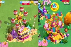 Size: 1806x1200 | Tagged: safe, edit, edited screencap, gameloft, screencap, donut joe, hayseed turnip truck, princess cadance, queen chrysalis, alicorn, changeling, earth pony, pony, unicorn, g4, armor, background pony, balloon, battle armor, bits, bush, canterlot, clothes, colored wings, crown, ferris wheel, fireworks, flag, flower, gem, gradient wings, hat, hill song, jewelry, portal, regalia, sale, sapphire, shoes, sunglasses, sweet apple acres, throne, tree, walking, wings, yellow eyes