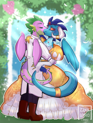Size: 4000x5300 | Tagged: safe, artist:zakkurro, princess ember, spike, dragon, anthro, absurd resolution, boots, clothes, dragoness, dress, emberspike, eyes closed, eyeshadow, female, horn, horn ring, implied wing hole, jewelry, kissing, makeup, male, marriage, older, older spike, prince spike, ring, romantic, shipping, shoes, straight, tail, tail ring, wedding, wedding dress, winged spike, wings