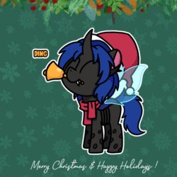 Size: 800x800 | Tagged: safe, artist:sugar morning, part of a set, oc, oc only, oc:swift dawn, changeling, ^^, animated, bell, blue changeling, changeling oc, changeling wings, chibi, christmas, christmas changeling, clothes, commission, cute, dancing, eyes closed, gif, green background, hat, holiday, horn, male, mouth hold, ocbetes, outline, santa hat, scarf, simple background, smiling, solo, stallion, sweet dreams fuel, transparent wings, weapons-grade cute, white outline, wings, ych result