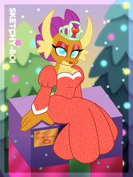 Size: 3000x4000 | Tagged: safe, artist:snakeythingy, smolder, dragon, g4, breasts, busty smolder, christmas, christmas tree, clothes, dragoness, dress, eyeshadow, female, hearth's warming, holiday, kiss mark, lipstick, looking at you, makeup, present, princess smolder, red eyeshadow, red lipstick, story included, tree