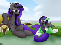 Size: 2961x2202 | Tagged: safe, artist:the-furry-railfan, oc, oc only, oc:crescent star, oc:marshy, pegasus, pony, unicorn, bush, character to character, clothes, cloud, cloudy, coat markings, field, high res, house, macro, mountain, mountain range, red eyes, scarf, sitting, size difference, socks (coat markings), surprised, transformation, twinning