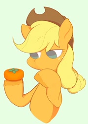 Size: 1732x2415 | Tagged: safe, artist:noupu, applejack, earth pony, pony, g4, applejack's hat, bust, cowboy hat, food, fruit, green background, hat, hoof on chin, lidded eyes, looking at something, persimmon, pondering, simple background, solo