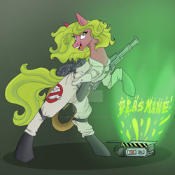 Size: 1024x1024 | Tagged: safe, artist:lunathemoongod, plasmane, earth pony, pony, crossover, deviantart watermark, female, ghost trap, ghostbusters, mare, obtrusive watermark, proton pack, solo, watermark