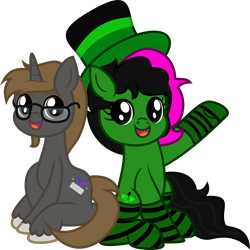 Size: 1522x1525 | Tagged: safe, artist:php178, derpibooru exclusive, oc, oc only, oc:funnygamer95, oc:toxicpie, earth pony, pony, unicorn, 2022 community collab, derpibooru community collaboration, .svg available, alternate universe, best friends, black mane, black tail, brown mane, brown tail, clothes, colored eyebrows, cute, duo, earth pony oc, elements of poison, eyebrows, facial hair, female, glasses, goatee, happy, hat, horn, jester hat, looking at you, mare, monster, ocbetes, open mouth, open smile, pink mane, simple background, sitting, smiling, smiling at you, socks, striped socks, svg, tail, top hat, transparent background, two toned mane, unicorn oc, unshorn fetlocks, vector, waving, waving at you