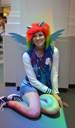 Size: 561x960 | Tagged: safe, artist:glitzygeekgirl, rainbow dash, human, g4, 2012, animecon, choker, clothes, converse, cosplay, costume, fishnet stockings, irl, irl human, multicolored hair, photo, rainbow hair, shoes, shorts, sneakers, tattoo