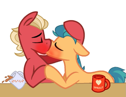 Size: 717x552 | Tagged: artist needed, source needed, safe, hitch trailblazer, sprout cloverleaf, earth pony, pony, g4, g5, my little pony: a new generation, blushing, coffee, cup, duo, duo male, g5 to g4, gay, hoof hold, kiss on the lips, kissing, male, office, police, sheriff, ship:clovertrail, shipping, simple background, stallion, table, text