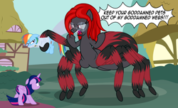 Size: 3488x2118 | Tagged: safe, artist:badumsquish, derpibooru exclusive, rainbow dash, twilight sparkle, oc, alicorn, drider, monster pony, original species, pony, spiderpony, g4, angry, bondage, bound, bound and gagged, cowering, dialogue, doorstep, fangs, female, floppy ears, frown, gag, giant pony, glare, glasses, high res, house, leg hold, macro, mare, ponyville, red and black oc, round glasses, shaking hoof, show accurate, size difference, solo, spider web, tail, tail between legs, threatening, tied up, twilight sparkle (alicorn), unamused, web gag, yelling