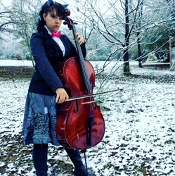 Size: 1080x1084 | Tagged: safe, octavia melody, human, g4, bowtie, cello, clothes, cosplay, costume, irl, irl human, musical instrument, photo, skirt, snow, solo