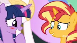 Size: 1905x1080 | Tagged: safe, screencap, princess celestia, sunset shimmer, twilight sparkle, alicorn, pony, unicorn, equestria girls, equestria girls specials, g4, my little pony equestria girls: better together, my little pony equestria girls: forgotten friendship, bashful, blushing, female, laughing, shipping fuel, smiling, twilight sparkle (alicorn)