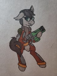 Size: 1209x1612 | Tagged: safe, artist:rustlerustle, oc, oc:cornerstone, bat pony, pony, fallout equestria, clothes, glasses, laser rifle, male, scarf, scribe, solo, traditional art