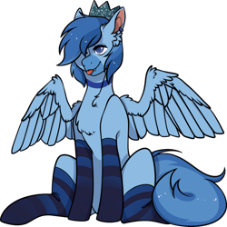 Size: 1200x1200 | Tagged: safe, artist:summer rose arts, oc, oc only, oc:simon pegasus, pegasus, pony, 2022 community collab, derpibooru community collaboration, clothes, crown, ear piercing, earring, fangs, jewelry, piercing, regalia, simple background, socks, solo, spread wings, stockings, striped socks, thigh highs, tongue out, transparent background, wingboner, wings
