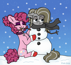 Size: 1500x1380 | Tagged: safe, artist:pink-pone, pinkie pie, oc, pony, g4, clothes, mouth hold, scarf, snow, snowman