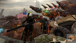 Size: 3840x2160 | Tagged: safe, artist:mr.guinea pig, oc, oc only, oc:aria calliope, oc:dj hazardous, unicorn, anthro, plantigrade anthro, 3d, american flag, armor, duo, female, gun, high res, looking at you, male, mech, weapon