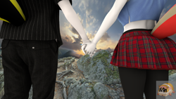 Size: 3840x2160 | Tagged: safe, artist:mr.guinea pig, oc, oc:aria calliope, oc:dj hazardous, anthro, 3d, clothes, facing away, female, head out of frame, high res, holding hands, male, oc x oc, plaid skirt, shipping, skirt, straight