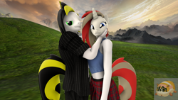 Size: 1280x720 | Tagged: safe, artist:mr.guinea pig, oc, oc:aria calliope, oc:dj hazardous, unicorn, anthro, 3d, female, hand on face, looking at you, male, oc x oc, shipping, smiling, smiling at you, straight