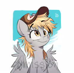 Size: 2480x2454 | Tagged: safe, artist:fanzeem, derpy hooves, pegasus, pony, g4, bust, cap, chest fluff, commission, cute, derpabetes, eye clipping through hair, eyebrows, eyebrows visible through hair, female, hat, high res, mailmare hat, mare, misspelling, solo, watermark, wing fluff, wings