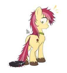 Size: 2480x2721 | Tagged: source needed, safe, artist:fanzeem, roseluck, earth pony, pony, g4, about to have tail sucked into a roomba, butt, collar, commission, commissioner:doom9454, cute, emanata, fluffy, high res, looking back, plot, pony pet, roomba, rosebutt, rosepet, simple background, solo, tail, tail pull, tangled up, white background, wide eyes