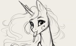 Size: 1985x1214 | Tagged: safe, artist:miokomata, princess celestia, alicorn, pony, bust, cute, cutelestia, female, food, freckles, grayscale, looking at you, mare, monochrome, mouth hold, popsicle, simple background, sketch, solo, white background
