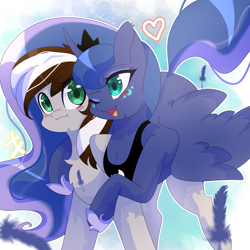 Size: 2048x2048 | Tagged: safe, artist:reika neko, princess luna, oc, oc:raxella gessu, alicorn, pegasus, pony, g4, canon x oc, couple, cuddling, high res, hug, pegasus oc, simp, wholesome