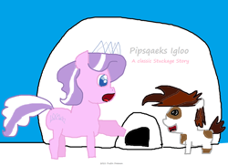Size: 1826x1328 | Tagged: safe, artist:coltfan97, diamond tiara, pipsqueak, earth pony, pony, g4, 1000 hours in ms paint, frown, happy, igloo, looking at each other, looking at someone, raised hoof, winter