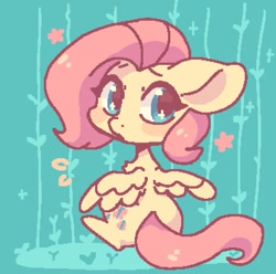 Size: 783x776 | Tagged: safe, artist:oofycolorful, fluttershy, pegasus, pony, g4, big ears, blushing, chest fluff, chibi, cute, female, looking at you, looking back, looking back at you, mare, pixel art, short mane, shyabetes, sitting, solo, sparkly eyes, spread wings, wingding eyes, wings