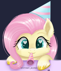 Size: 612x719 | Tagged: safe, alternate version, artist:fluttershy_art.nurul, fluttershy, pegasus, pony, g4, beautiful, birthday, blue background, colored hooves, colored pinnae, cute, daaaaaaaaaaaw, eye clipping through hair, eyebrows, eyelashes, female, fluffy, front view, hat, heart eyes, hoof polish, looking at you, mare, mouth hold, party hat, party horn, shiny hooves, shyabetes, signature, smiling, smiling at you, solo, unshorn fetlocks, weapons-grade cute, wingding eyes