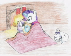 Size: 2740x2164 | Tagged: safe, artist:nightshadow154, opalescence, rarity, sweetie belle, pony, g4, blanket, chocolate, clothes, fireplace, food, glowing, glowing horn, high res, horn, hot chocolate, magic, stockings, telekinesis, thigh highs, traditional art