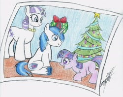 Size: 2540x2000 | Tagged: safe, artist:nightshadow154, shining armor, twilight sparkle, twilight velvet, pony, unicorn, g4, blank flank, brother and sister, christmas, christmas tree, christmas wreath, colt, colt shining armor, female, filly, filly twilight sparkle, happy, high res, holiday, jewelry, male, mother and child, necklace, photo, present, siblings, smiling, traditional art, tree, wreath, younger