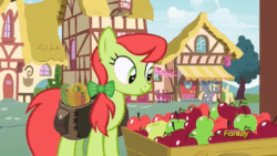 Size: 520x293 | Tagged: safe, screencap, peachy sweet, spike, dragon, pony, g4, triple threat, animated, apple, apple family member, female, food, gif, male, mare