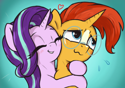 Size: 2400x1680 | Tagged: safe, artist:t72b, starlight glimmer, sunburst, pony, unicorn, g4, blushing, bust, cheek squish, cute, duo, duo male and female, embarrassed, eye clipping through hair, eyes closed, female, glasses, glimmerbetes, grin, high res, hug, male, mare, ship:starburst, shipping, simple background, smiling, squishy cheeks, stallion, straight, sunbetes, sunburst's glasses