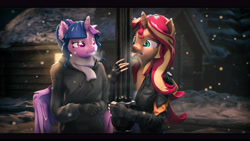 Size: 9600x5400 | Tagged: safe, artist:imafutureguitarhero, sci-twi, sunset shimmer, twilight sparkle, alicorn, unicorn, anthro, g4, 3d, :i, a christmas story, black bars, blushing, breath, cabin, cheek fluff, chest fluff, chromatic aberration, clothes, colored eyebrows, colored eyelashes, duo, ear fluff, female, film grain, fingerless gloves, floppy ears, fluffy, freckles, frost, gloves, hoodie, horn, jacket, lamppost, leather jacket, lesbian, letterboxing, long hair, long mane, long nails, looking at someone, mare, multicolored hair, multicolored mane, night, outdoors, peppered bacon, pole, raised eyebrow, red nosed, revamped anthros, revamped ponies, scarf, sci-twilicorn, ship:sci-twishimmer, ship:sunsetsparkle, shipping, shirt, signature, snow, snow on head, snow on nose, snowfall, source filmmaker, striped gloves, this will end in pain, tongue out, tongue stuck to pole, tree, twilight sparkle (alicorn), unamused, wall of tags, window, wings, worried