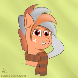 Size: 1000x1000 | Tagged: safe, artist:habiepon3, oc, oc only, oc:habie hardcores, pegasus, pony, bust, clothes, cute, happy, looking at you, male, scarf, simple background, smiling, solo, striped scarf