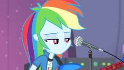 Size: 3410x1920 | Tagged: safe, screencap, rainbow dash, equestria girls, g4, my little pony equestria girls: rainbow rocks, clothes, cutie mark on clothes, electric guitar, female, guitar, high res, microphone, musical instrument, solo