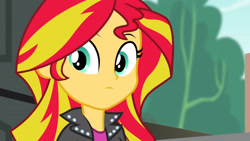 Size: 3410x1920 | Tagged: safe, screencap, sunset shimmer, equestria girls, g4, my little pony equestria girls: rainbow rocks, clothes, female, high res, jacket, leather, leather jacket, solo