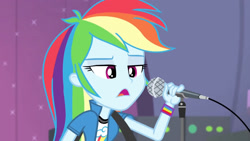 Size: 3410x1920 | Tagged: safe, screencap, rainbow dash, equestria girls, g4, my little pony equestria girls: rainbow rocks, clothes, cutie mark on clothes, female, high res, microphone, open mouth, solo