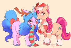 Size: 2601x1745 | Tagged: safe, artist:tohupo, izzy moonbow, sunny starscout, earth pony, pony, unicorn, g5, my little pony: a new generation, antlers, bow, christmas, clothes, cute, duo, female, hat, holiday, izzybetes, mare, red nose, santa hat, scarf, tail, tail bow, unshorn fetlocks