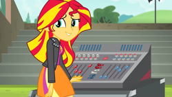 Size: 3410x1920 | Tagged: safe, screencap, sunset shimmer, equestria girls, g4, my little pony equestria girls: rainbow rocks, clothes, cutie mark on clothes, female, high res, jacket, leather, leather jacket, smiling, solo