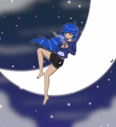 Size: 3120x3413 | Tagged: safe, artist:banquo0, princess luna, human, g4, barefoot, clothes, feet, food, high res, hoodie, humanized, moon, night, night sky, shorts, sky, solo, stars, tangible heavenly object, tea