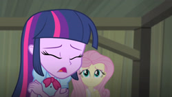 Size: 3410x1920 | Tagged: safe, screencap, fluttershy, twilight sparkle, equestria girls, g4, my little pony equestria girls: rainbow rocks, eyes closed, female, hairpin, high res, open mouth